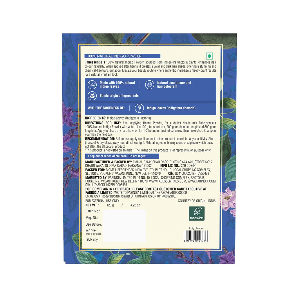 Fabessentials 100% Natural Indigo Powder | Natural Conditioner & Colourant | Natural Conditioner & Hair Colourant | Makes Hair Shiny, Silky & Soft - 120 gm