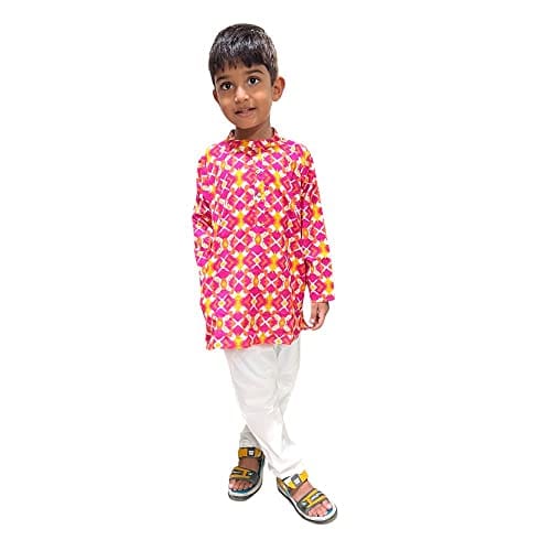 MAITREYO Unisex Kids Pure Cotton Pink Print Kurta Pyjama Set Pink 5 6 year