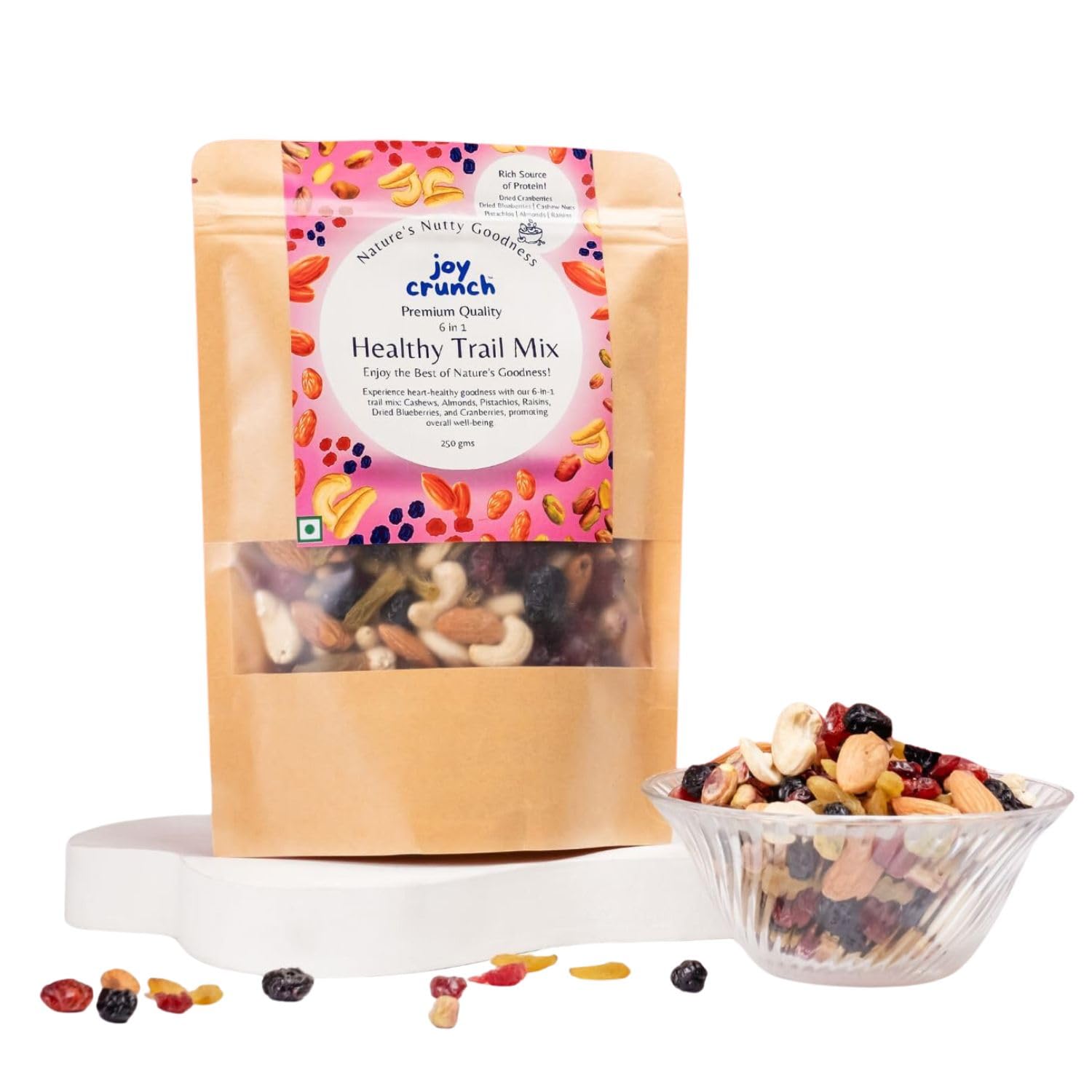 Joy Crunch Mixed Dry Fruits | Healthy Trail Mix 250g | 6 in 1 Nuts and Berries Mix | Premium Dry Fruits and Nuts | Containing Almonds, Cashew Nuts, Pistachios, Raisins, Blueberries & Cranberries