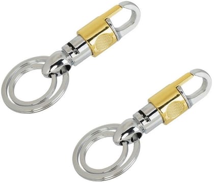 KD COLLECTIONS Double Ring Hook Keychain for Bike & Cars|Metal Hook Keychain Combo|Silver Golden Color