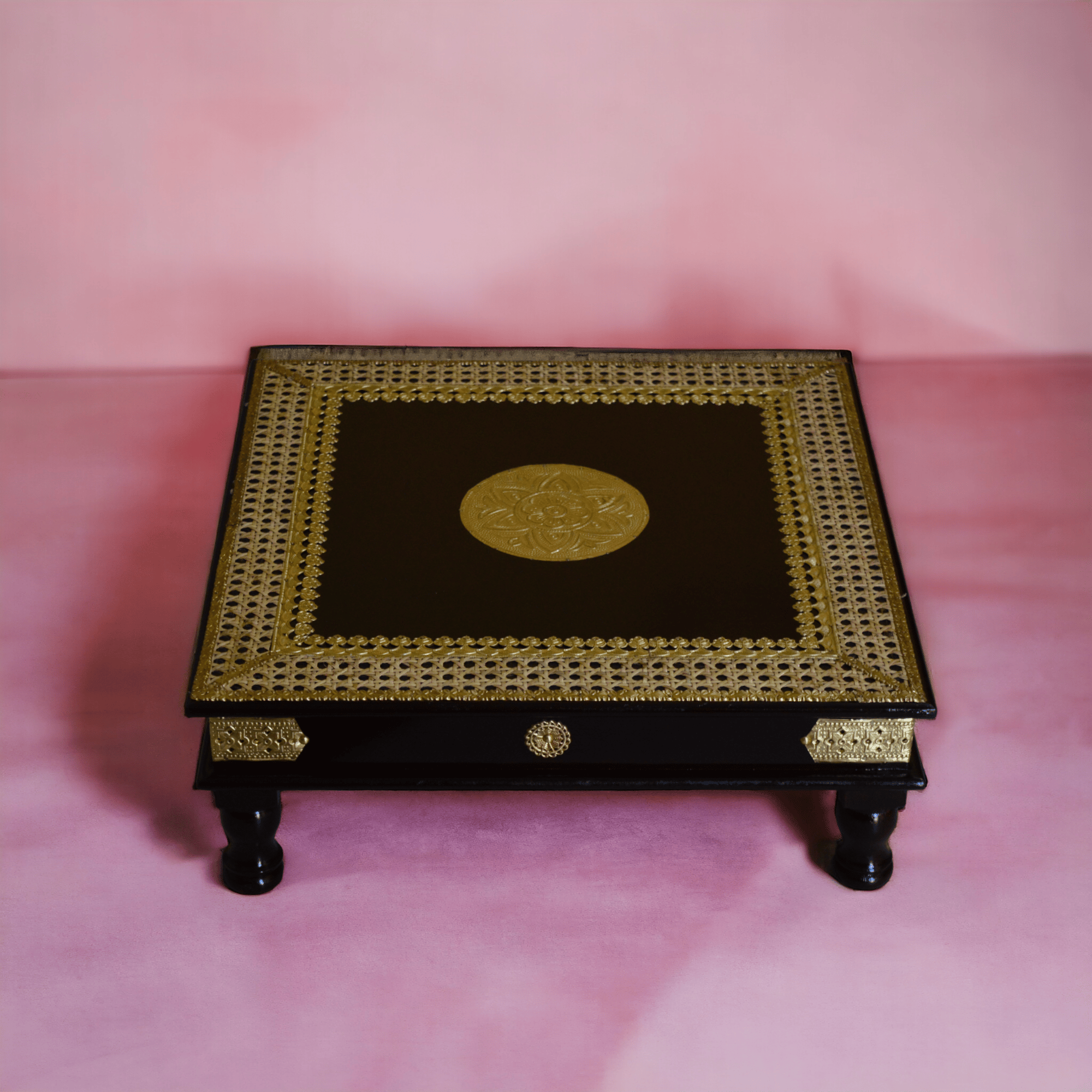 Wooden Chowki Floral Painting Decorative Bajot for Sitting Pooja Temple set 1