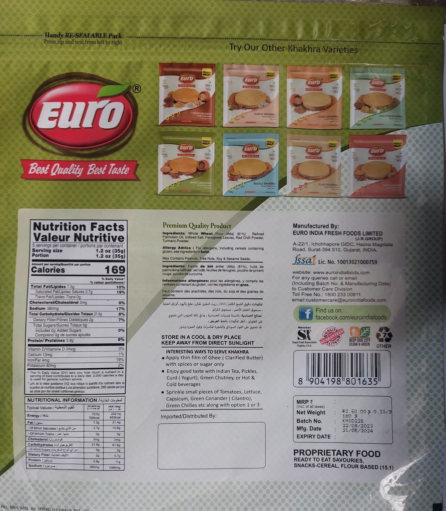 Euro Methi Khakhra 180Gm Pack of 4 |Roasted Not Fried | Cholesterol Free | Zero Transfat |Vacuum-Sealed for Freshness | Authentic Gujarati Snack, Ideal for Tea Time | Healthy Khakhra Options| Healthy Snacking