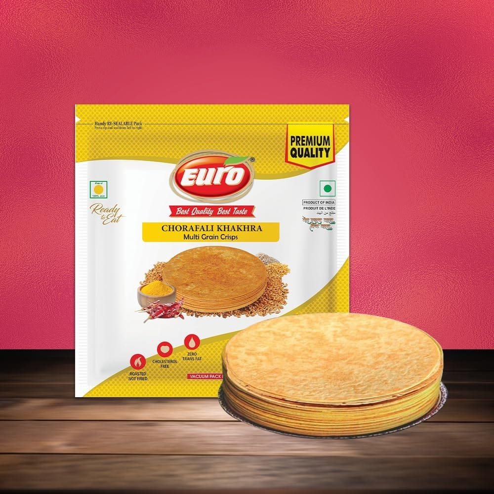 Euro Chorafali Khakhra 180Gm Pack of 4 |Roasted Not Fried | Cholesterol Free | Zero Transfat |Vacuum-Sealed for Freshness | Authentic Gujarati Snack, Ideal for Tea Time | Healthy Khakhra Options| Healthy Snacking