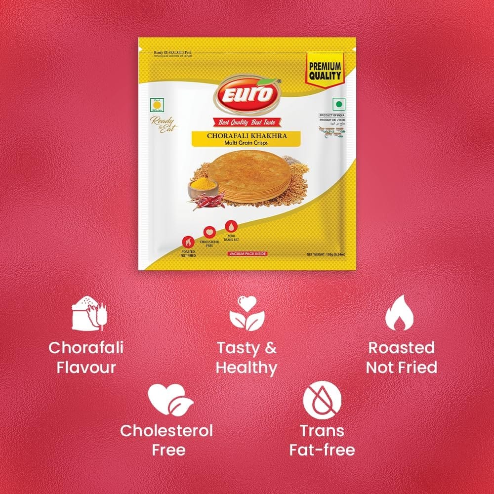 Euro Chorafali Khakhra 180Gm Pack of 4 |Roasted Not Fried | Cholesterol Free | Zero Transfat |Vacuum-Sealed for Freshness | Authentic Gujarati Snack, Ideal for Tea Time | Healthy Khakhra Options| Healthy Snacking