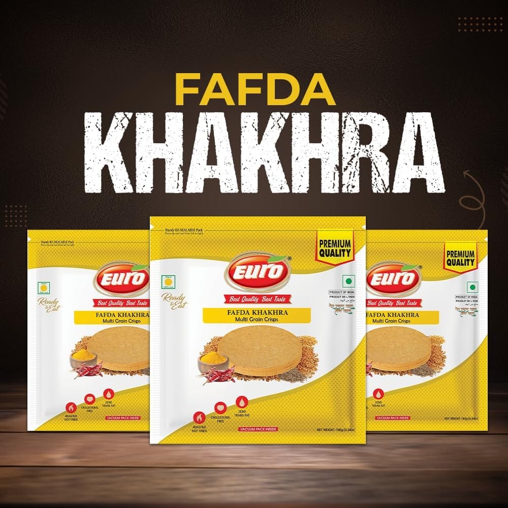 Euro Fafda Khakhra 180Gm Pack of 4|Roasted Not Fried | Cholesterol Free | Zero Transfat |Vacuum-Sealed for Freshness | Authentic Gujarati Snack, Ideal for Tea Time | Healthy Khakhra Options| Healthy Snacking