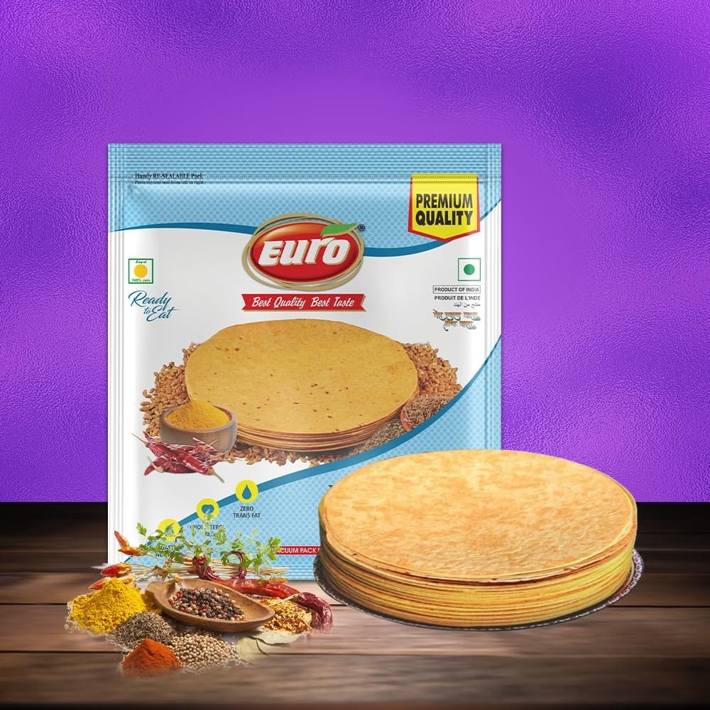 Euro Masala Khakhra 180Gm Pack of 4|Roasted Not Fried | Cholesterol Free | Zero Transfat |Vacuum-Sealed for Freshness | Authentic Gujarati Snack, Ideal for Tea Time | Healthy Khakhra Options| Healthy Snacking