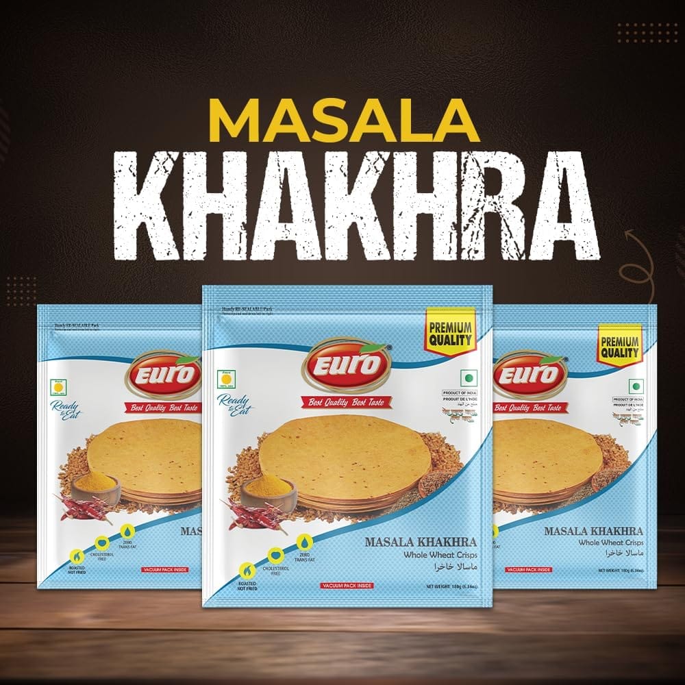 Euro Masala Khakhra 180Gm Pack of 4|Roasted Not Fried | Cholesterol Free | Zero Transfat |Vacuum-Sealed for Freshness | Authentic Gujarati Snack, Ideal for Tea Time | Healthy Khakhra Options| Healthy Snacking