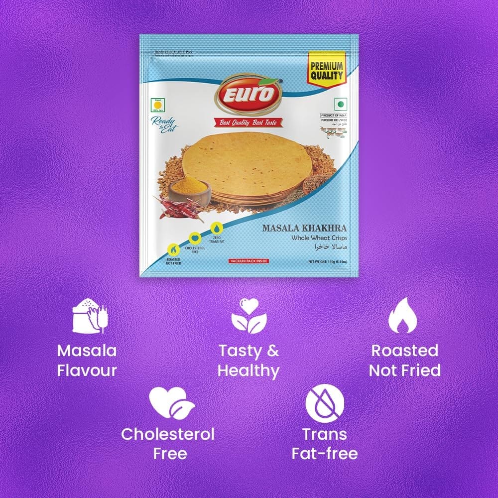 Euro Masala Khakhra 180Gm Pack of 4|Roasted Not Fried | Cholesterol Free | Zero Transfat |Vacuum-Sealed for Freshness | Authentic Gujarati Snack, Ideal for Tea Time | Healthy Khakhra Options| Healthy Snacking