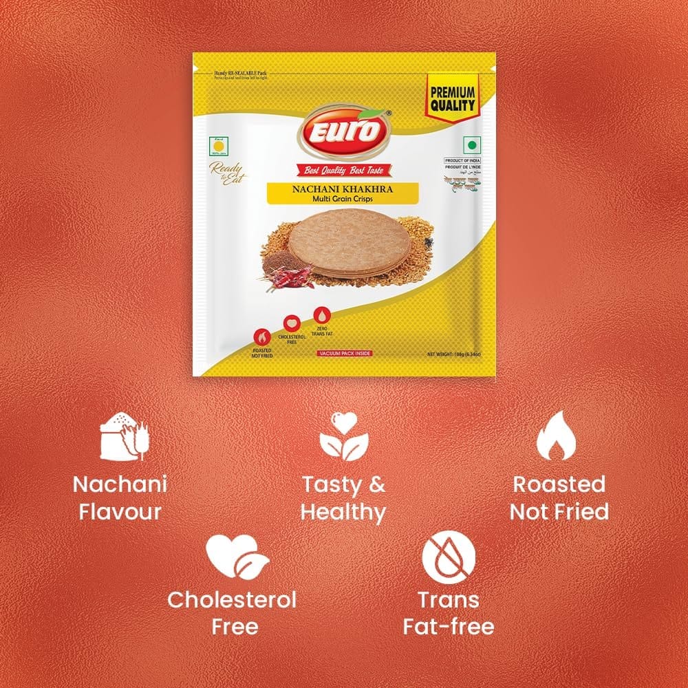 Euro Nachani Khakhra 180Gm Pack of 4|Roasted Not Fried | Cholesterol Free | Zero Transfat |Vacuum-Sealed for Freshness | Authentic Gujarati Snack, Ideal for Tea Time | Healthy Khakhra Options| Healthy Snacking