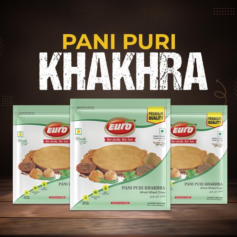 Euro Panipuri Khakhra 180Gm Pack of 4|Roasted Not Fried | Cholesterol Free | Zero Transfat |Vacuum-Sealed for Freshness | Authentic Gujarati Snack, Ideal for Tea Time | Healthy Khakhra Options| Healthy Snacking