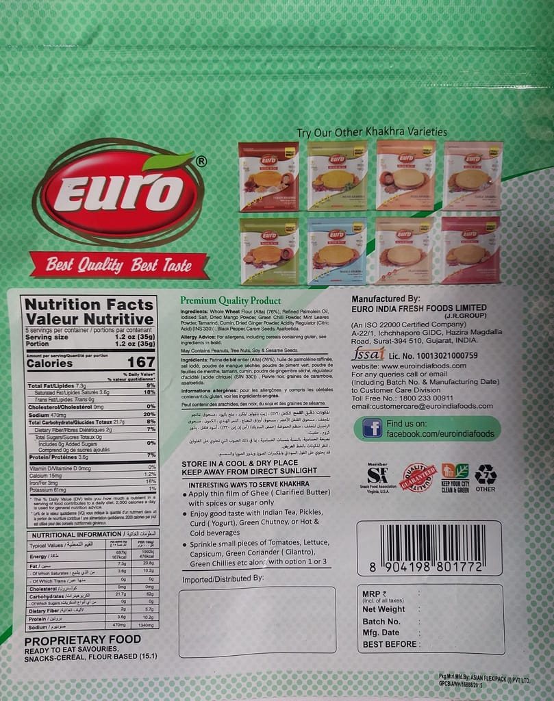 Euro Panipuri Khakhra 180Gm Pack of 4|Roasted Not Fried | Cholesterol Free | Zero Transfat |Vacuum-Sealed for Freshness | Authentic Gujarati Snack, Ideal for Tea Time | Healthy Khakhra Options| Healthy Snacking