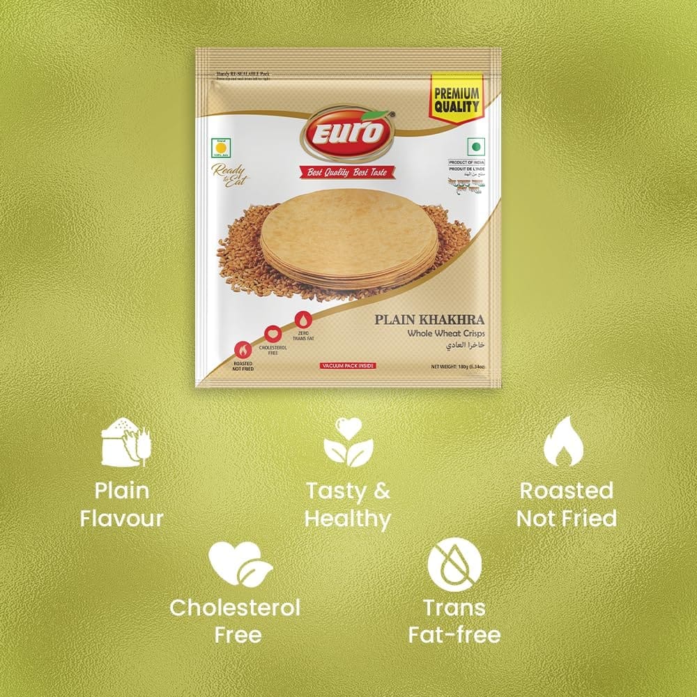 Euro Plain Khakhra 180Gm Pack of 4|Roasted Not Fried | Cholesterol Free | Zero Transfat |Vacuum-Sealed for Freshness | Authentic Gujarati Snack, Ideal for Tea Time | Healthy Khakhra Options| Healthy Snacking