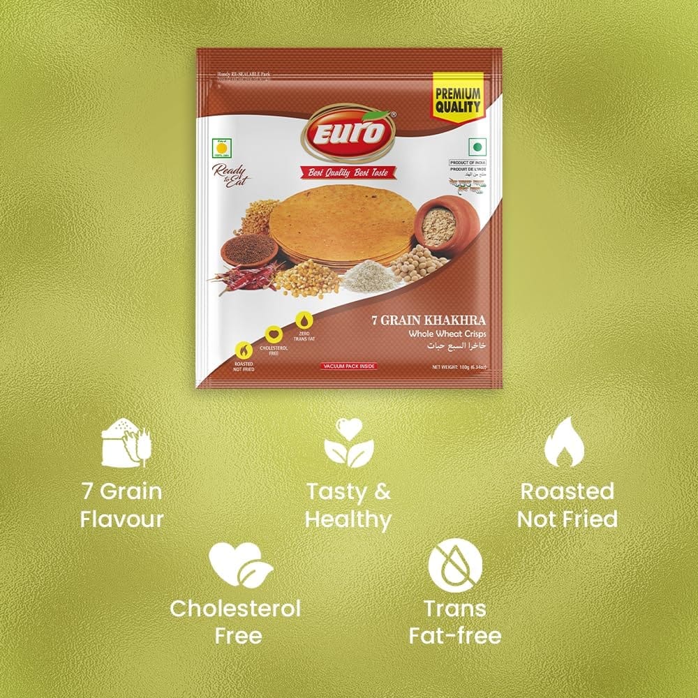 Euro Seven Grain Khakhra 180Gm Pack of 4|Roasted Not Fried | Cholesterol Free | Zero Transfat |Vacuum-Sealed for Freshness | Authentic Gujarati Snack, Ideal for Tea Time | Healthy Khakhra Options| Healthy Snacking