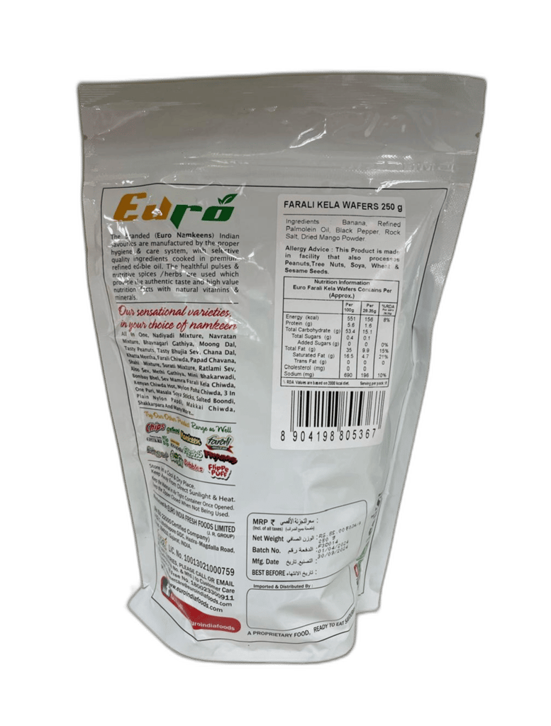 Euro Premium Farali Banana Chips Wafers | Fresh, Healthy, Thin, Crispy, Namkeen Snacks|Authentic Taste, Ideal for Snacking Pleasure |Zero Trans Fats, Cholesterol-Free