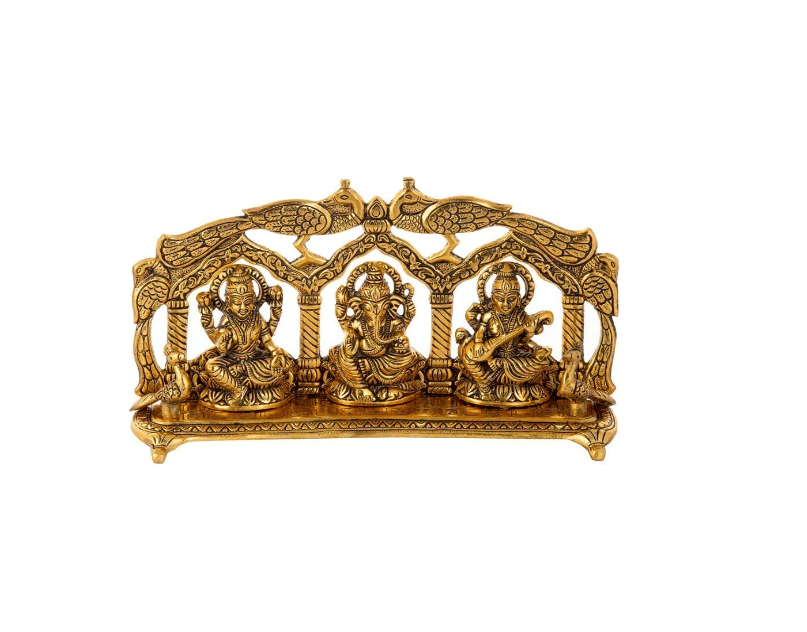 RKONECT Big Laxmi Ganesh Saraswati Idol Peacock Frame - Brass God Murti - Diwali Home Decoration Pooja Showpiece Statue | Size LWH- 28 x 6 x 15 cm (Brass, Golden, Pack of 1 Pcs)