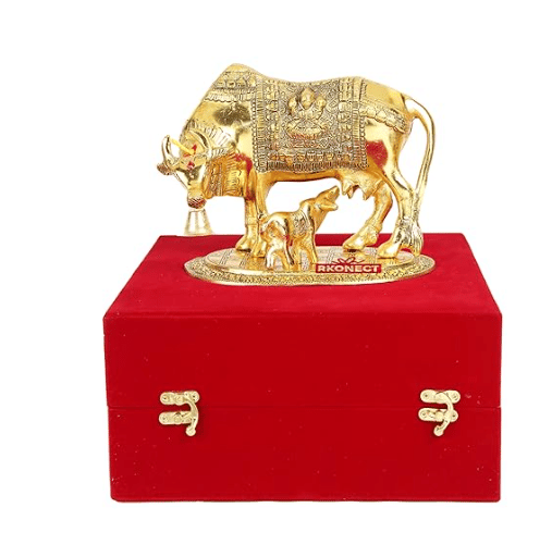RKONECT® Golden Kamdhenu Cow with Calf Vastu Gau MATA Spiritual Vastu Pooja Figurine Idol for Home and Office | L 24 x W 22 x H 15 cm (Gold Plated, Pack of 1 Pcs)