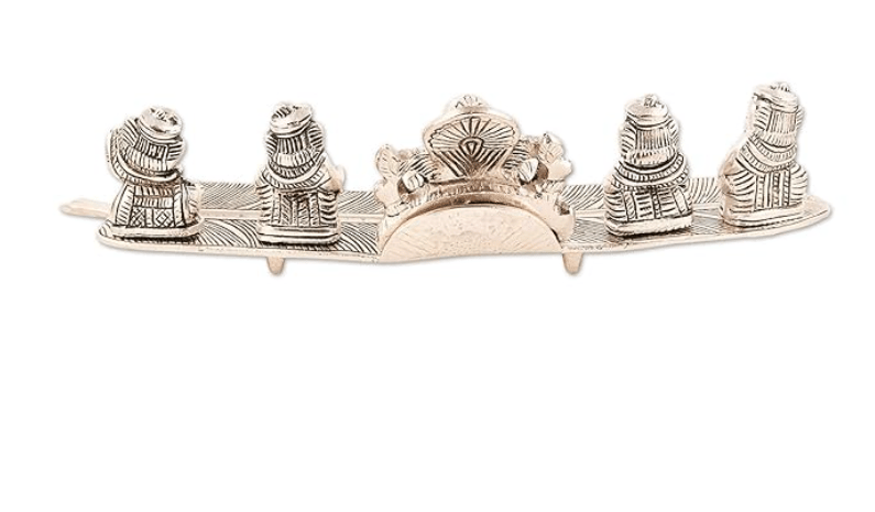 RKONECT® Metal Musical Ganesh Ji Sitting on Leaf Hindu God Silver Plated Ganesha Idol Home Decor Showpiece Length 28 x Width 8 x Height 12 CM (Metal, Pack of 1 Piece)