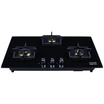 Croma Toughened Glass Top 3 Burner Automatic Hob (Cast Iron Pan Supports, Black)