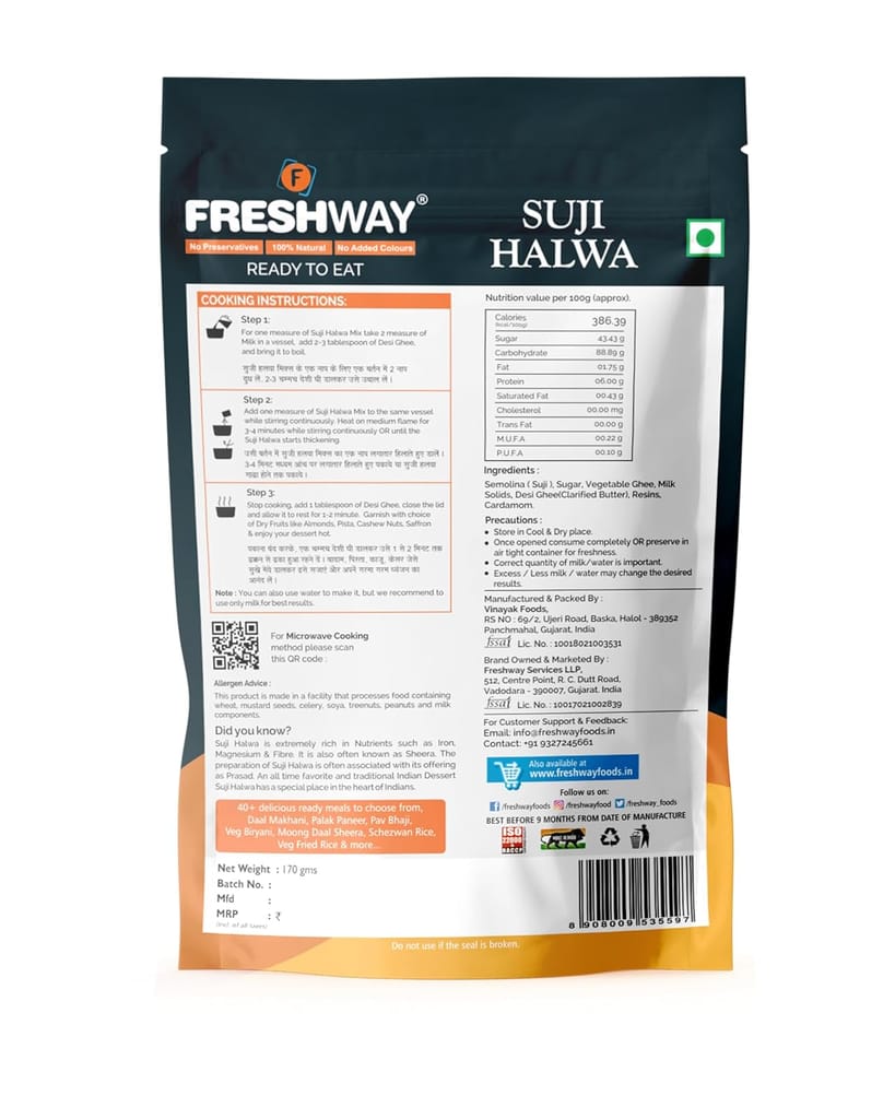 Freshway Suji Halwa Ready to Eat | A Nutritious, Flavor Packed Indian Comfort Meal in Minutes