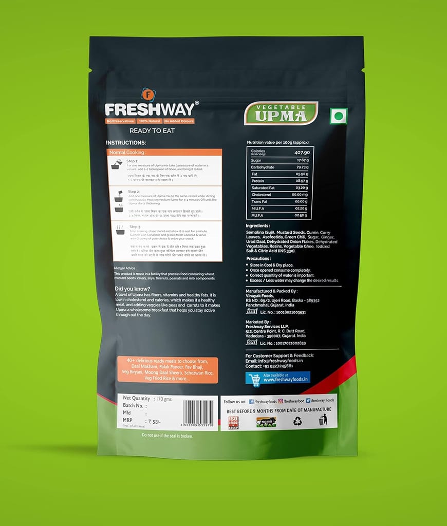 Freshway Ready To Eat Vegetable Upma Home Style Pack Of 6 | A Nutritious, Flavor Packed Indian Comfort Meal in Minutes