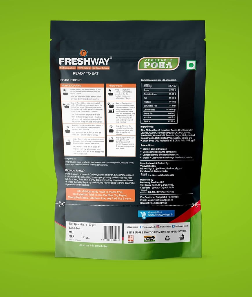 Freshway Ready To Eat Vegetable Poha Home Style Pack Of 6 | A Nutritious, Flavor Packed Indian Comfort Meal in Minutes