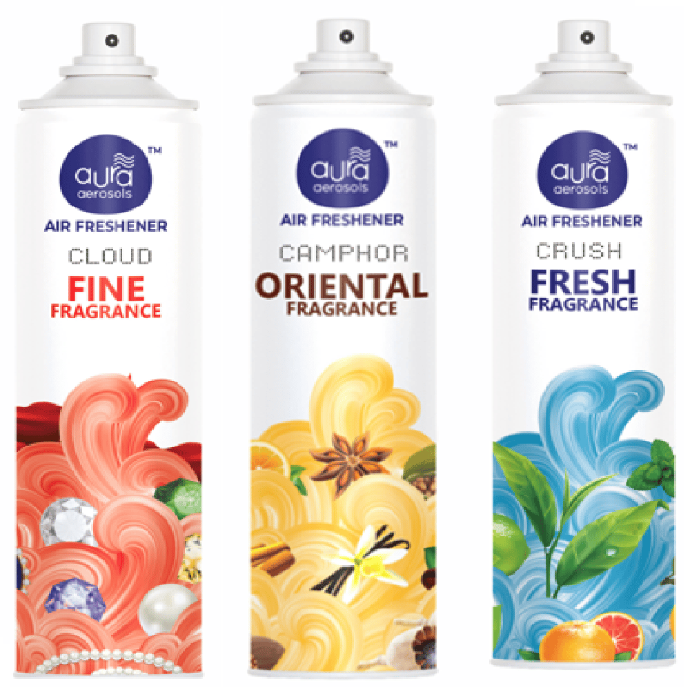Aura Aerosols Air Freshener 300ml (Pack of 3) - Cloud, Camphor & Crush