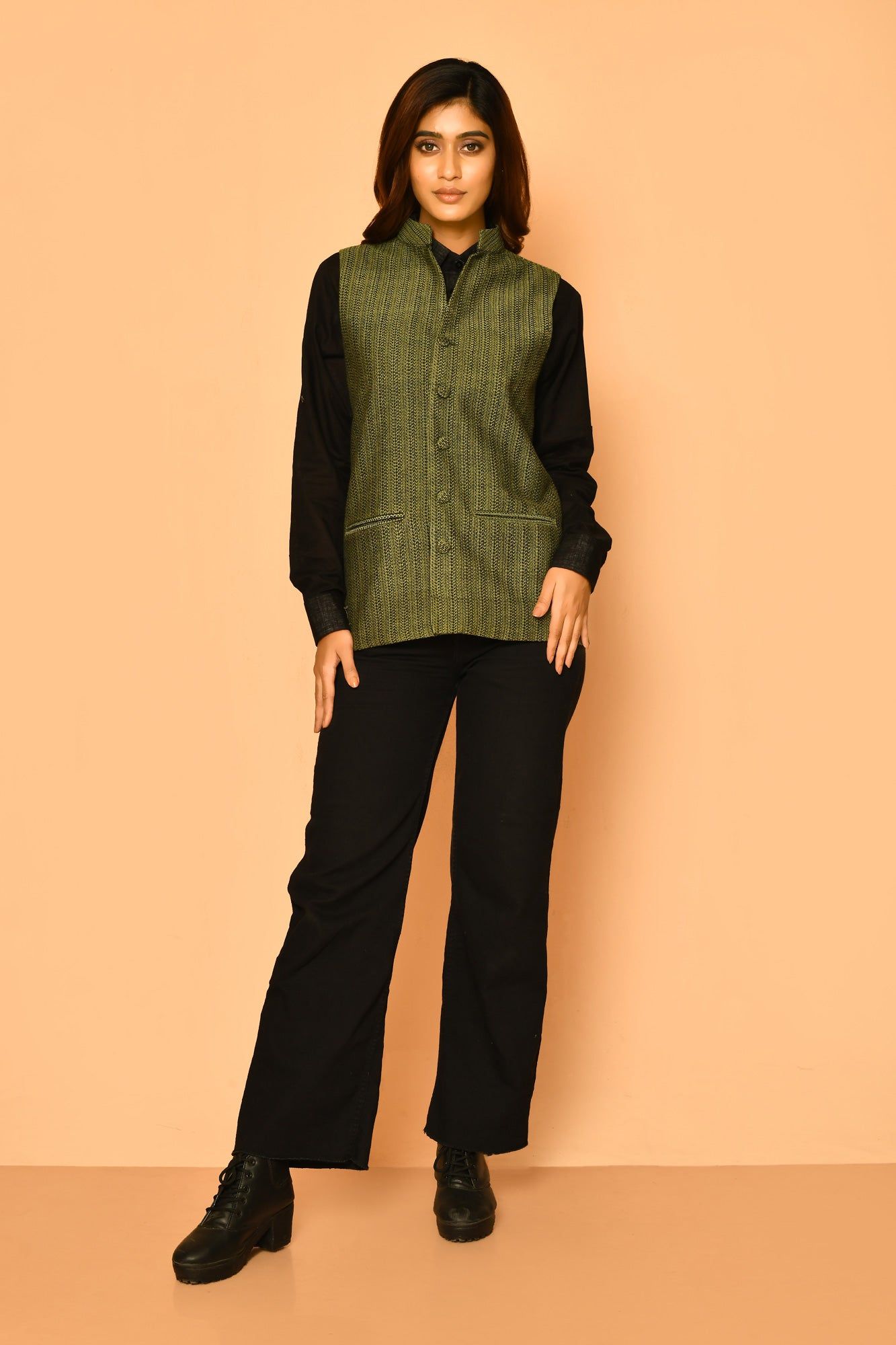 Olive green Handloom cotton Nehru jacket for women