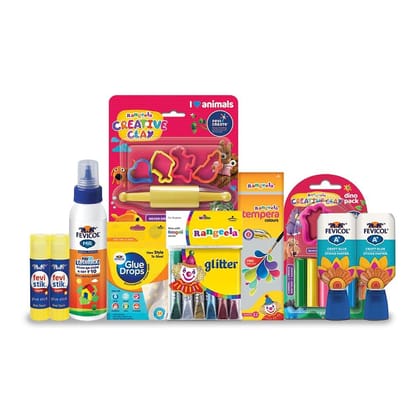 Fevicreate Activity Kit AllinOne DIY Art & Craft Set for Kids| Kit Contains Glue, Moulding Clay, Gluestick, Tempera Colours, Glue Drops, Glitter Colours |Best Gift for Boys &  Girls Ages 514