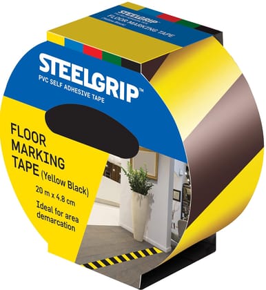 Pidilite Steelgrip Floor Marking Tape (48mm X 20 meters) High visibility, Waterproof and Durable Easy to Tear Adhesive Tape (Yellow Black)
