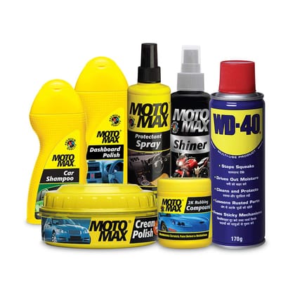 Pidilite Motomax Car Grooming &  Maintenance Mega Kit 1, Cream Polish 230 g, Car Shampoo 100 g, 2k Rubbing Compound 100 g, Dashboard Polish 100 ml, Protectant Spray 100 ml, Shiner 100 ml, WD40 170 ml