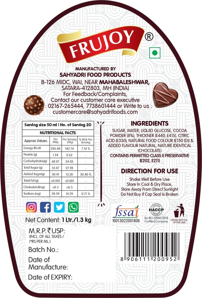 Frujoy Chocolate 1L | Syrup | Topping |  For Milk Shakes | Juices | Sharbat | Baking Essentials | Beverages