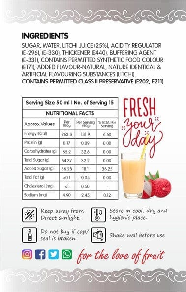Frujoy Litchi Syrup 750ml | For Drinks Juices | Fruit Mocktail | Cocktail | Sharbat | Baking Essentials | Beverages