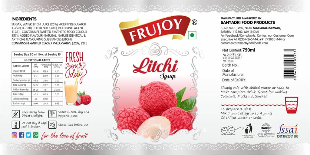 Frujoy Litchi Syrup 750ml | For Drinks Juices | Fruit Mocktail | Cocktail | Sharbat | Baking Essentials | Beverages