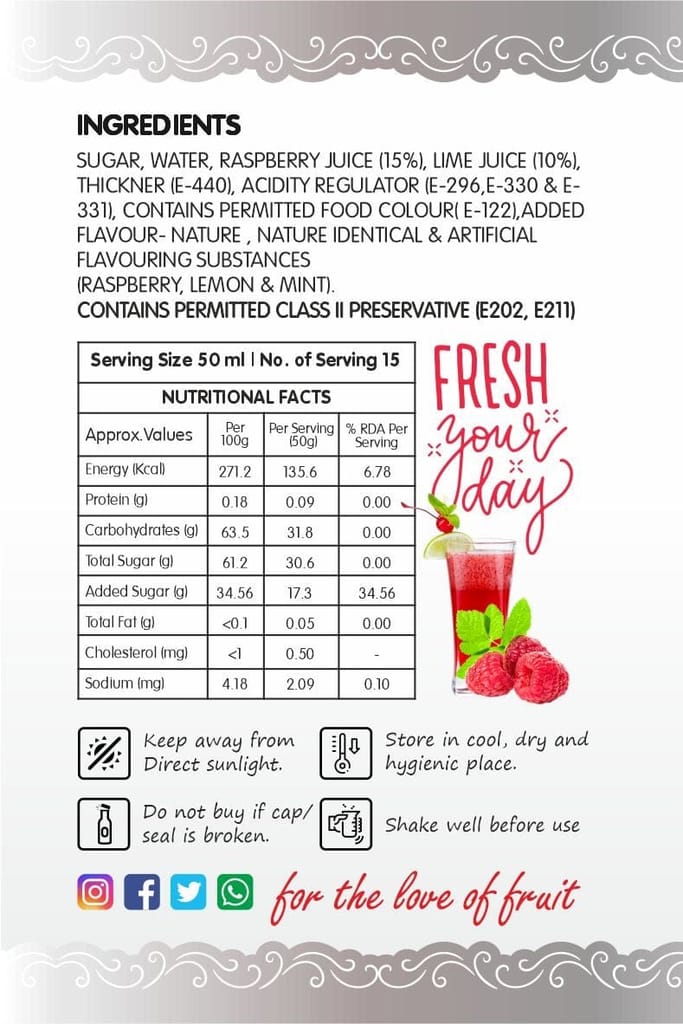 Frujoy Minted Raspberry Mint Mojito Syrup 750ml | For Drinks Juices | Fruit Mocktail | Cocktail | Sharbat | Baking Essentials | Beverages