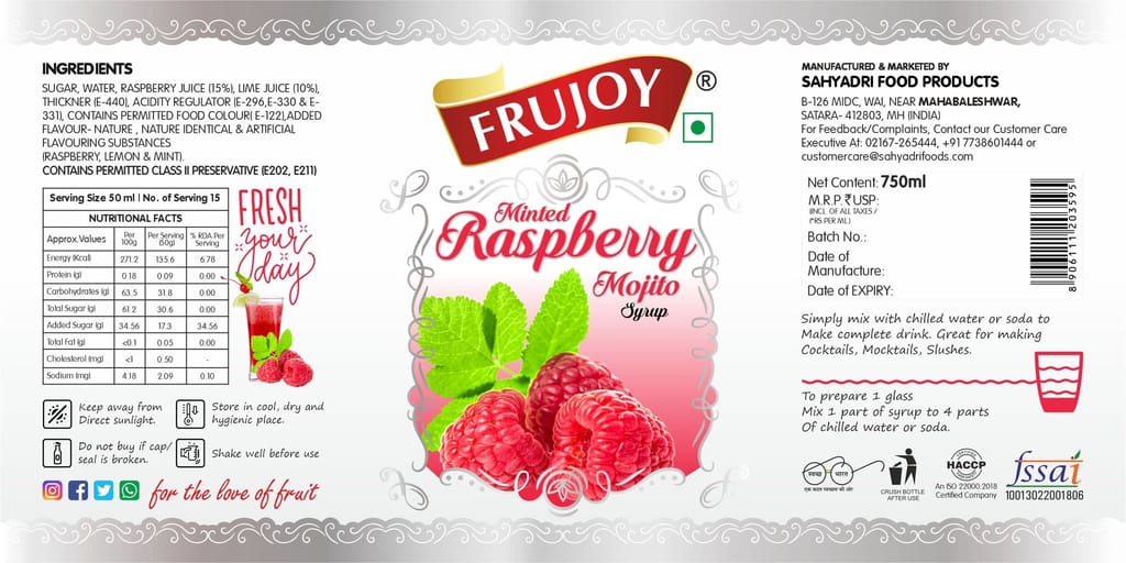 Frujoy Minted Raspberry Mint Mojito Syrup 750ml | For Drinks Juices | Fruit Mocktail | Cocktail | Sharbat | Baking Essentials | Beverages