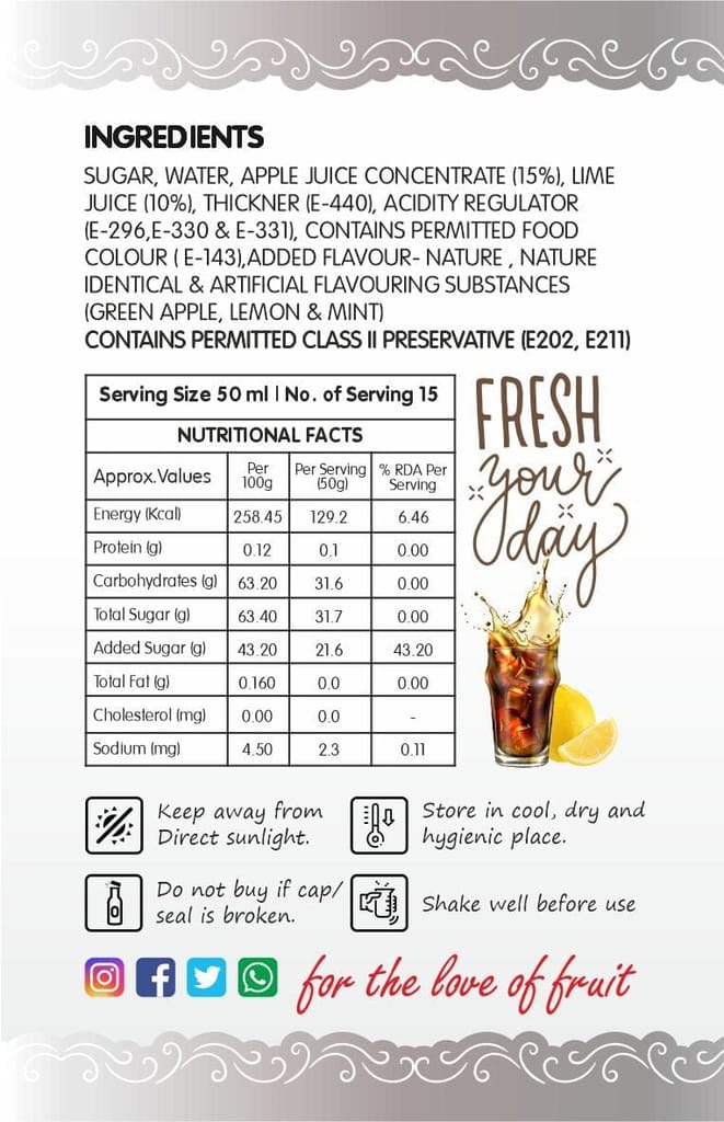Frujoy Minted Green Apple Mint Mojito 750ml | For Drinks Juices | Fruit Mocktail | Cocktail | Sharbat | Baking Essentials | Beverages