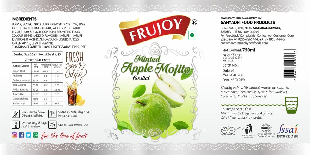 Frujoy Minted Green Apple Mint Mojito 750ml | For Drinks Juices | Fruit Mocktail | Cocktail | Sharbat | Baking Essentials | Beverages