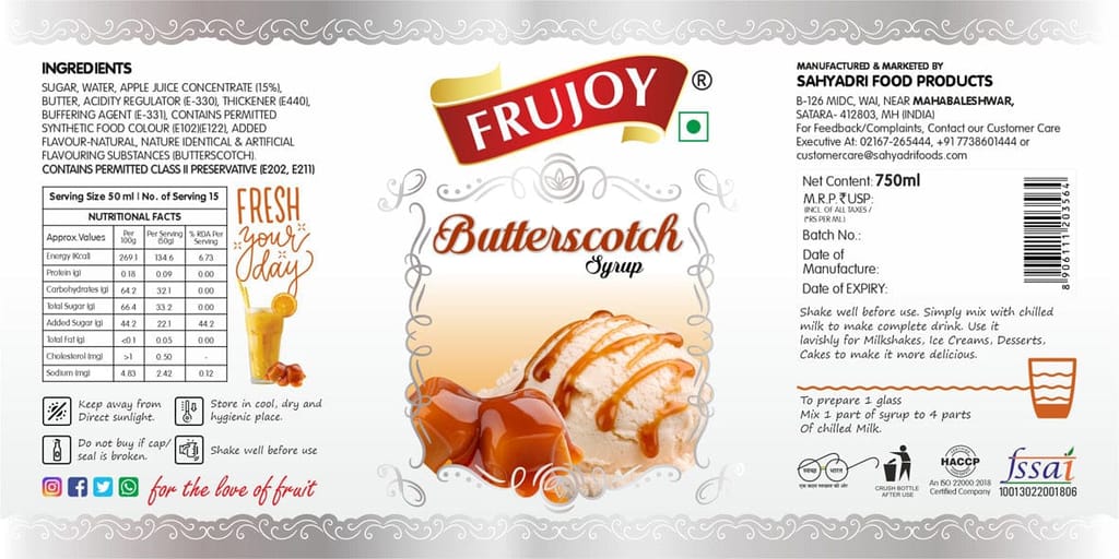 Frujoy butter scotch syrup 750ml | For Drinks Juices | Fruit Mocktail | Cocktail | Sharbat | Baking Essentials | Beverages