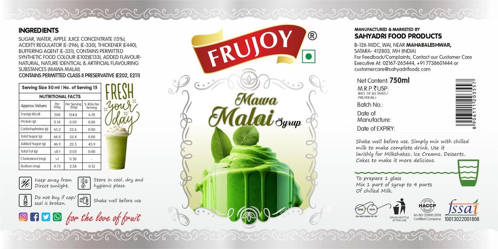 Frujoy Mava Malai syrup 750ml | For Drinks Juices | Fruit Mocktail | Cocktail | Sharbat | Baking Essentials | Beverages