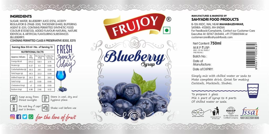 Frujoy Blueberry syrup 750ml | For Fruit Mocktail | Cocktail | Cake | Baking Essentials