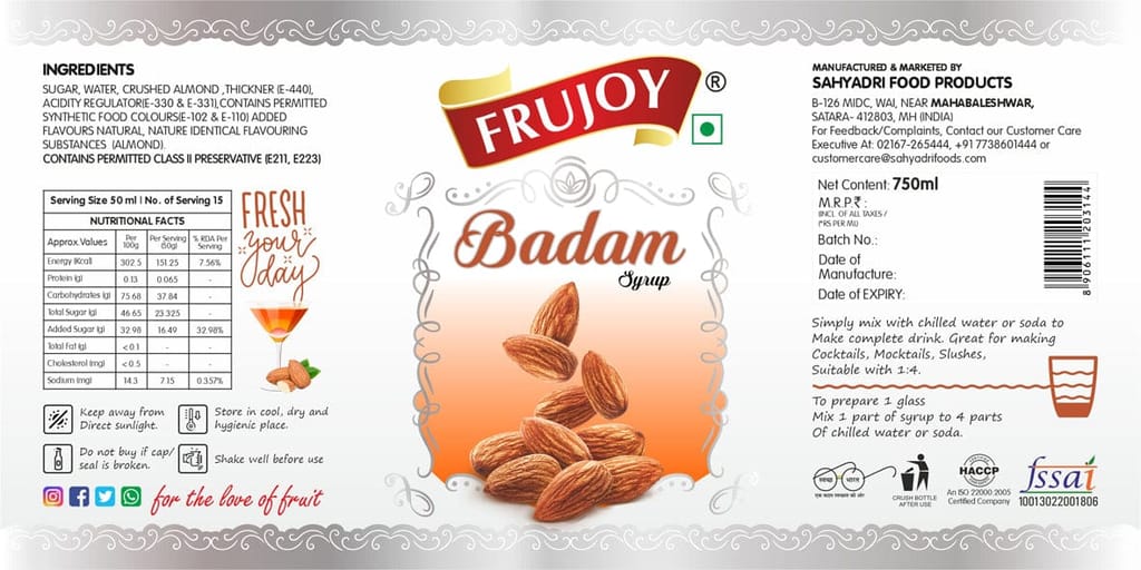 Frujoy badam syrup 750ml | For Drinks Juices | Fruit Mocktail | Cocktail | Sharbat | Baking Essentials | Beverages