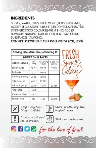 Frujoy badam syrup 750ml | For Drinks Juices | Fruit Mocktail | Cocktail | Sharbat | Baking Essentials | Beverages