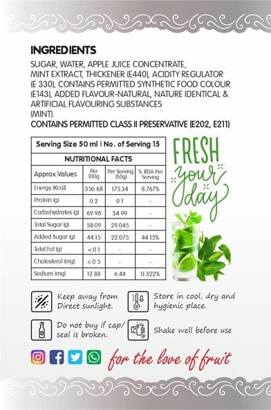 Frujoy Mint Mojito White 750ml | For Drinks Juices | Fruit Mocktail | Cocktail | Sharbat | Baking Essentials | Beverages