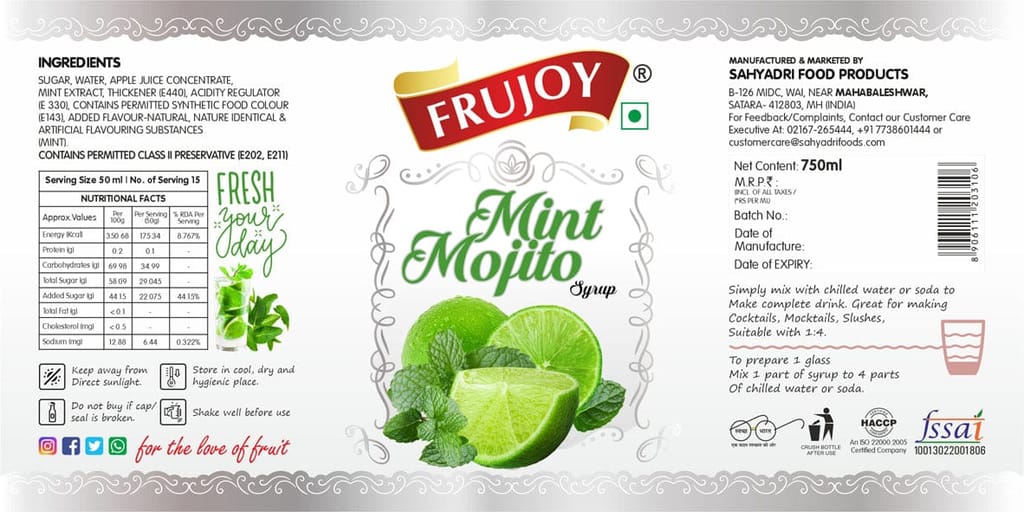 Frujoy Mint Mojito White 750ml | For Drinks Juices | Fruit Mocktail | Cocktail | Sharbat | Baking Essentials | Beverages