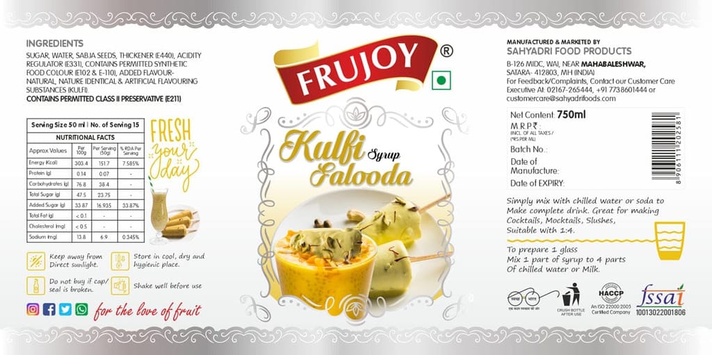 Frujoy Kulfi Falooda 750ml | For Drinks Juices | Fruit Mocktail | Cocktail | Sharbat | Faluda | Baking Essentials | Beverages