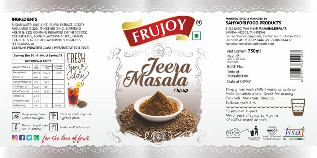 Frujoy Jeera Masala Syrup 750ml | For Fruit Mocktail | Cocktail | Juices & Shake| Beverages