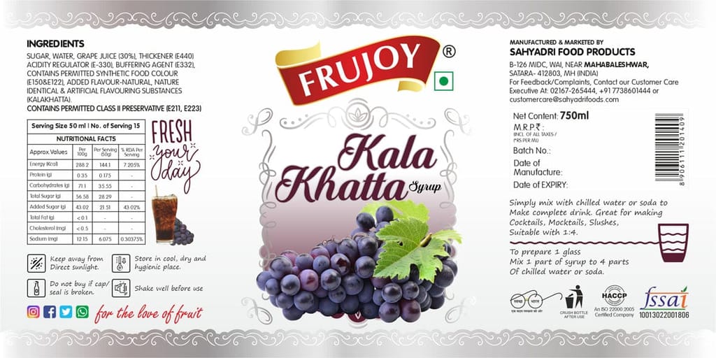 Frujoy Kala Khatta Syrup 750ml | For Fruit Mocktail | Cocktail | Juices & Shake| Beverages