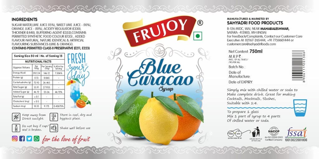 Frujoy Blue Curacao Syrup 750ML | Fruit Mocktail | Cocktail | Blue Lagoon | Cool Blue