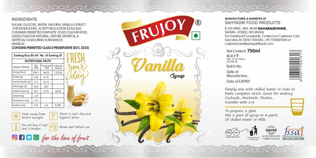 Frujoy Vanilla Syrup 750ml | For Fruit Mocktail | Cocktail | Milk Shake| Falooda | Baking Essentials