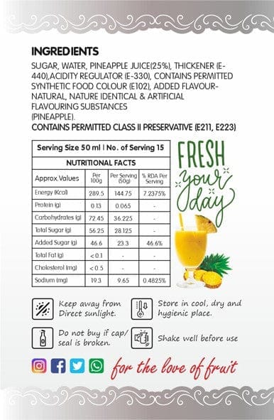 Frujoy Pineapple Syrup 750ml | For Fruit Mocktail | Cocktail | Milk Shake| Falooda | Baking Essentials